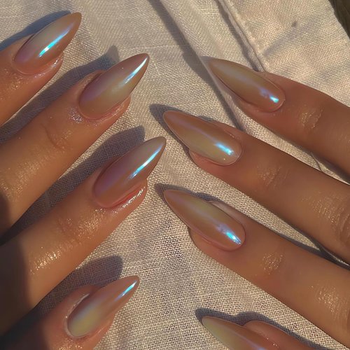 IMSOHOT Almond Press on Nails Medium Aurora Fake Nails Glossy Full Cover Acrylic False Nails Stiletto Chrome Artificial Nails Glue on Nails for Women and Girls 24pcs