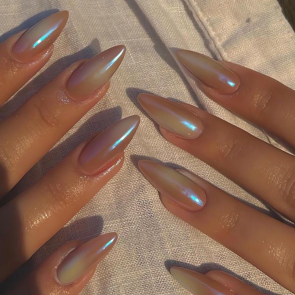 IMSOHOT Almond Press on Nails Medium Aurora Fake Nails Glossy Full Cover Acrylic False Nails Stiletto Chrome Artificial Nails Glue on Nails for Women and Girls 24pcs