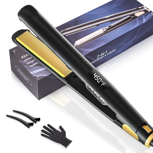 2-in-1 Hair Straightener Flat Iron, Portable Straightener and Curler for All Hairstyles, 30s Fast Heating, Ceramic Tourmaline Hair Straightener Brush for women, Temperature Lock, Anti-Scald & Auto-Off