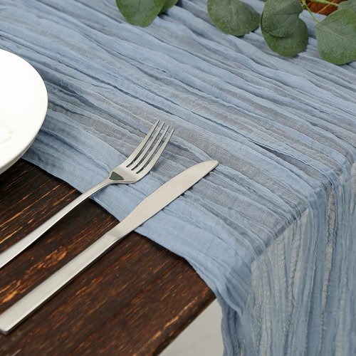DOLOPL Dusty Blue Cheesecloth Table Runner for Gender Reveal Decorations 13.3ft Boho Gauze Cheese Cloth Table Runner Rustic Sheer Runner 160inch Long for Wedding Bridal Baby Shower Decorations