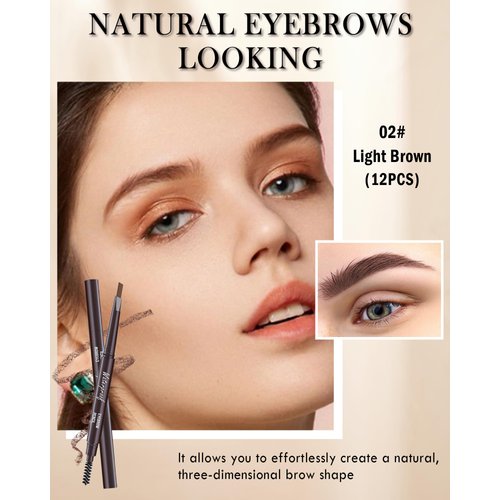 12Pcs Waterproof Eyebrow Pencil Light Brown, Brow Shape and Fill Eye Brow Pencil Kit,Eye Brow Pencils for Women Makeup, Long Lasting Smudge-Proof Easy to Color, Retractable Brow Pen with Brow Razor-02