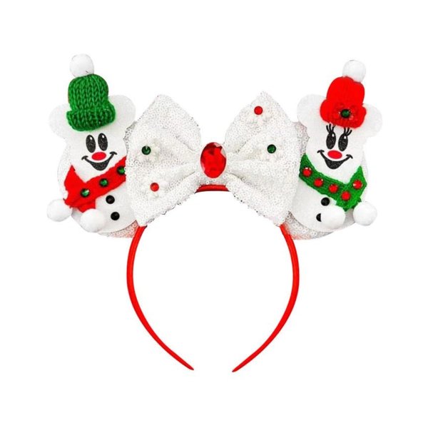JUTTIRA Christmas Mouse Ears Headbands Xmas Snowman Hair Band, Red Green White Rat Ears Headbands Squirrel Ears Headband Mouse Hair Hoop Chipmunk Ears Headband Snow White Head Bopper Tiara