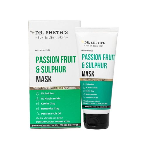 Dr. Sheth's Passion Fruit & Sulfur Anti Acne Facial Mask | Exfoliating & Skin Purifying | Controls Sebum & Soothes Redness | with Bentonite & Kaolin Clay | 1.76 Oz / 50 g