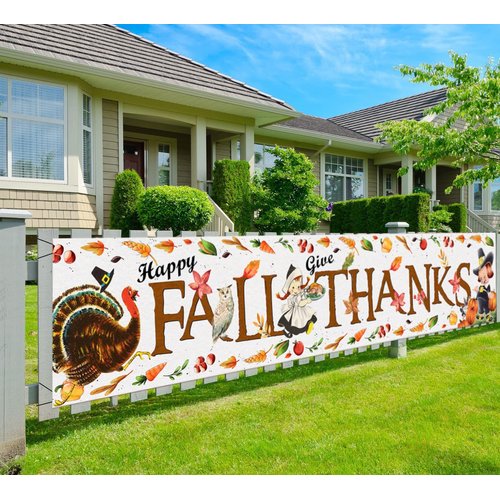 Thanksgiving Decorations Outdoor Happy Fall Thanks Banner Vintage Maple Leaf Pumpkin Backdrop Yard Sign Home Wall Decor Retro Hanging Banner for Fall Thanksgiving Holiday Party Supplies Indoor Outdoor