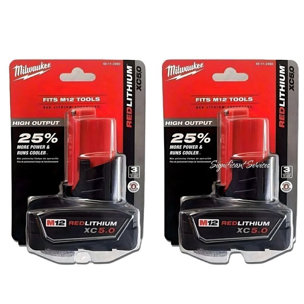 Milwaukee 48-11-2450 12V Lithium-Ion High Output 5Ah Battery 2 Pack