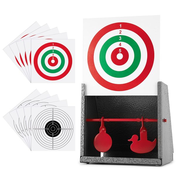 GearOZ BB Gun Target Trap, Airsoft Target, Pellet Gun Target with 10pcs Paper Target, Resetting Metal Silhouettes Shooting Targets for Backyard, Outdoor, Indoor, Small Size