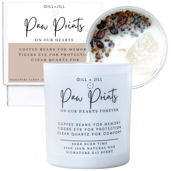 Paw Prints Pet Memorial Candle, Pet Loss Sympathy Gift, Cat Memorial, Rainbow Rridge Dog Memorial Gifts Paraffin-Free 100% Natural Soy Wax Blend with Clear Quartz, Tiger Eye and Coffee Beans