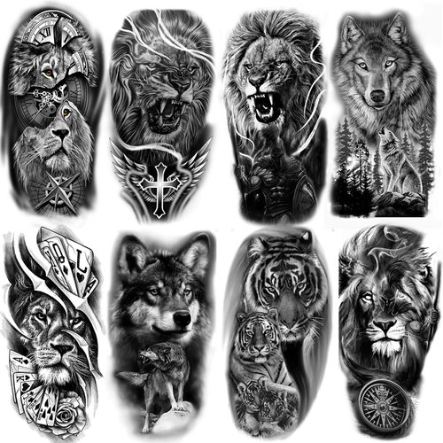 Oottati 8 Sheets Waterproof Arm Fake Temporary Tattoo Stickers Black Gray Forest Lion Wolf Tiger Compass Cross Poker Card Warrior