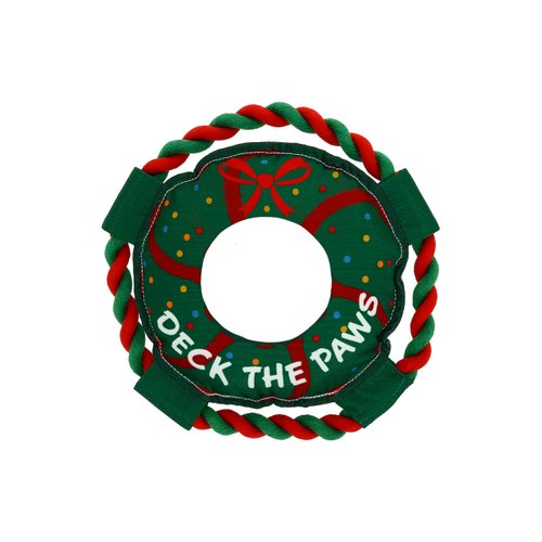 Pavilion - Deck The Paws - 10" Wreath Puppy Dog Toy with Rope Handle K-9 Furry Companion Christmas Present