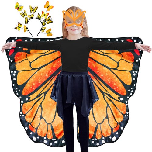 D.Q.Z Double-Sided Fairy Butterfly-Wings Costume for Girls Kids Dress-Up Halloween Costumes Mask Headband as Gifts (Orange)