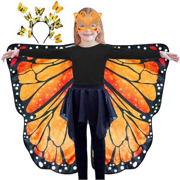 D.Q.Z Double-Sided Fairy Butterfly-Wings Costume for Girls Kids Dress-Up Halloween Costumes Mask Headband as Gifts (Orange)