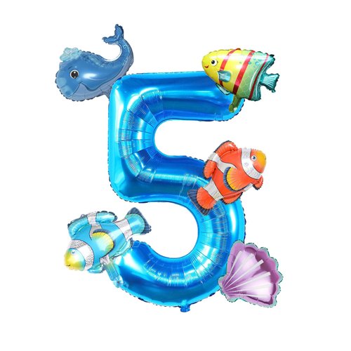40 Inch Blue Number 5 Birthday Balloons with Mini Sea Animals Balloon Shark Whales Clownfish Bubble Fish foil Balloons for Birthday Baby Shower Party Decorations Sea Animals 5th Birthday Supplies