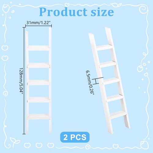 AHANDMAKER 2 pcs Mini Wood Doll House Ladder 5 x 1.2 Inch Miniature Ladder Dollhouse Decoration Accessories Mini Doll House Ladder for Landscape, Dollhouse Decor, White