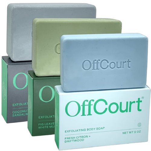 OffCourt Exfoliating Bar Soap – Whole Body, Deep Cleansing and Hydrating Soap for Men & Women - All Skin Types - Non-Drying Bar - Citrus, Fresh Fig Leaves & Sandalwood Scents (5oz, 3 Pack)