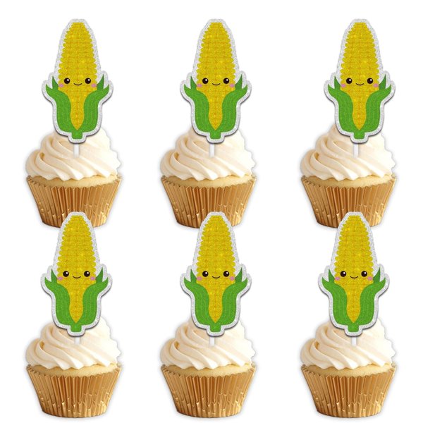18pcs Yellow Glitter Cute Corn Dessert Cupcake Topper Funny Vegetable Theme Decor Supplies Baby Shower Boys Girls Happy Birthday Party Decorations