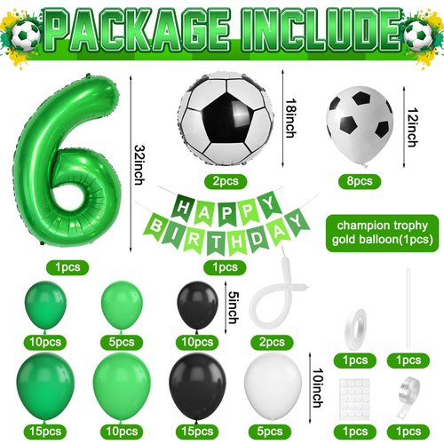 6th Birthday Soccer Balloons Arch,6th Soccer Garland Kit with Green Number 6 Balloon Football Balloons Soccer Mylar Foil Balloons for Boys Kids 6th Birthday Soccer Theme Party Decorations