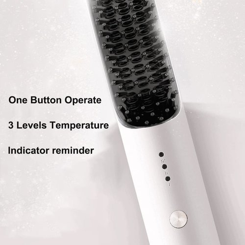 ABHI Portable Cordless Hair Straightening Brush with 3 Levels Temperature Auto-Off Anti-Scald Travel Curler Styler USB C TypeC Hair Straightener Comb - Pearl White