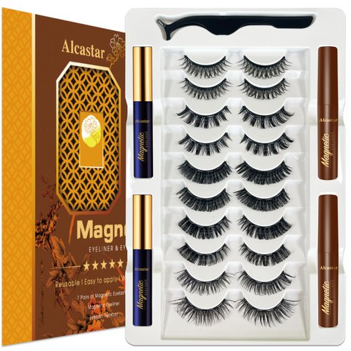 Alcastar Magnetic Lashes Natural Looking with Eyeliner,Magnetic Eyelash With Applicator,Waterproof, Long Lasting,Cruelty Free.（2 black+2brown)