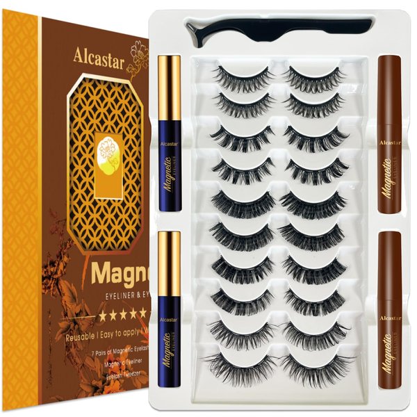 Alcastar Magnetic Lashes Natural Looking with Eyeliner,Magnetic Eyelash With Applicator,Waterproof, Long Lasting,Cruelty Free.（2 black+2brown)