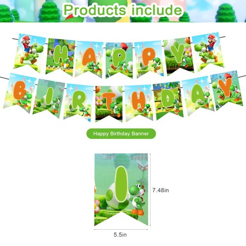 Yoshi Party Decorations,Birthday Party Supplies For Mario Yoshi Party Supplies Includes Banner - Cake Topper - 12 Cupcake Toppers - 18 Balloons