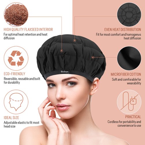 Flaxseed Deep Conditioning Heat Cap - Boloye Cordless 100% Safe Microwave Hot Cap for Natural Curly Textured Hair Care, Drying, Styling, Curling, Universal size (10 PCS One-time shower cap) (Black)