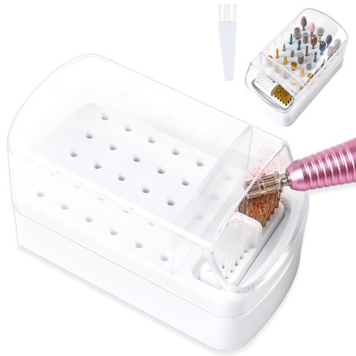 2 in 1 Nail Drill Bits Holder & Nail Drill Bits Cleaning Brush Case,30 Holes Dustproof Nail Art Drill Bits Stand Display Storage Box and Nail Drill Bits Cleaner Manicure Tools (White)