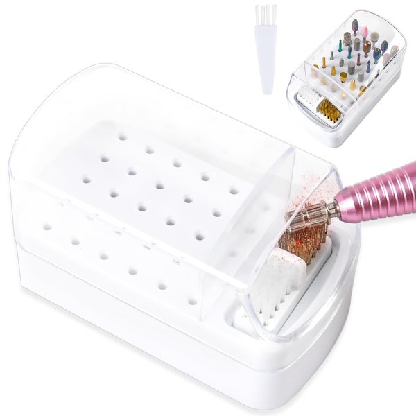2 in 1 Nail Drill Bits Holder & Nail Drill Bits Cleaning Brush Case,30 Holes Dustproof Nail Art Drill Bits Stand Display Storage Box and Nail Drill Bits Cleaner Manicure Tools (White)