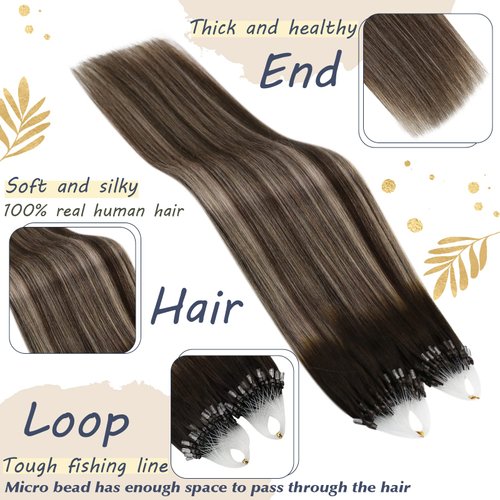 Ugeat Microlink Hair Extensions Real Human Hair Balayage Dark Brown to Ash Blonde Mix Brown Microring Hair Extensions Human Hair Silky Straight Micro Bead Human Hair Extensions 20 Inch 50s