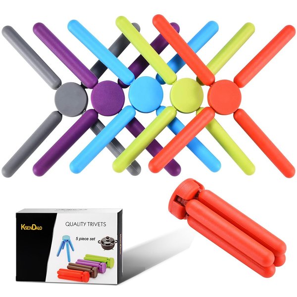 KSENDALO 5 Pack Thick Silicone Trivets for Hot Dishes Eco-Friendly Foldable Trivets for Hot Pots and Pans Folding Trivet Save Much Space for Kitchen Home, Multi-Color