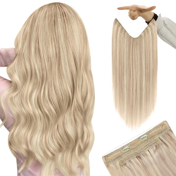 YoungSee Wire Hair Extensions Highlights Wire Real Human Hair Extensions Ash Blonde Highlights Bleach Blonde with Strawberry Highlights Hair Wire Extensions for Natural Look 18In 80G