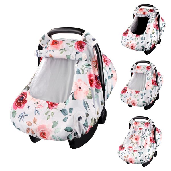 CARUILI Floral Car Seat Covers for Babies, Kick-Proof Infant Car Seat Cover, Windproof Baby Carseat Cover Girls, Car Seat Canopy with Breathable Mesh Peep Window, Rose Flower