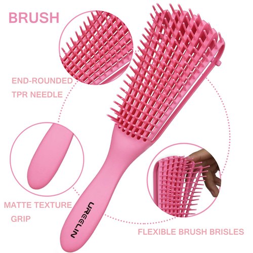 UREELIN Detangling Brush set,Detangler Hair Brush with Teasing & Edge Brush for Curly Hiar, Rat Tail Comb Alligator Hair Clips for 3a to 4c Kinky Wavy/Curly/Coily/Wet/Dry/Oil/Thick/Long Hair(Pink)