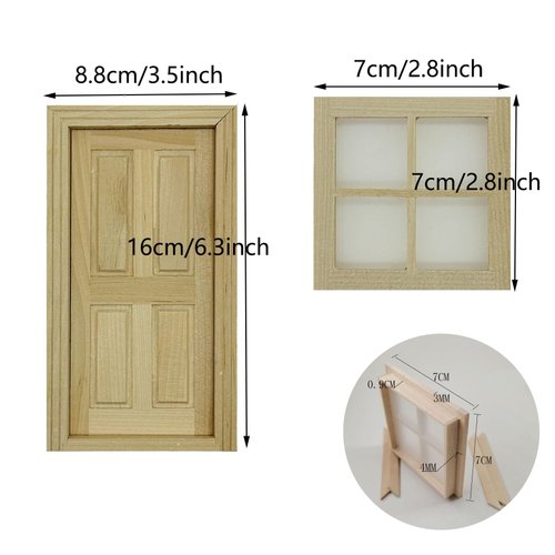Cayway 2 PCS Dollhouse Windows, 1 PCS Miniature Wooden Door,1:12 Scale Mini Window Frame for DIY Dollhouse or Model Town Accessory