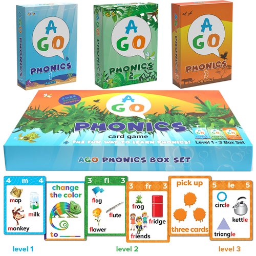 AGO Phonics Card Game (3 Level Box Set). Build Reading Skills, Learn Words and Phonics Sounds While Playing a Fun Card Game! 3 x Playing Card Decks in a Magnetic Box