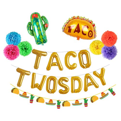 16" Gold Foil Balloons Taco TWOsday Fiesta 2nd Birthday Decorations Balloon Mexican Taco Party Decor Party Supplies for Boy and Girl