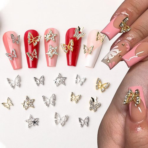 Butterfly Nail Charms Butterfly Star Nail Art Charms Metal Star Charms with Diamond Design 3D Butterflies Nail Supply Alloy Shiny Butterfly Star Nail Rhinestones Decoration for Women 20pcs