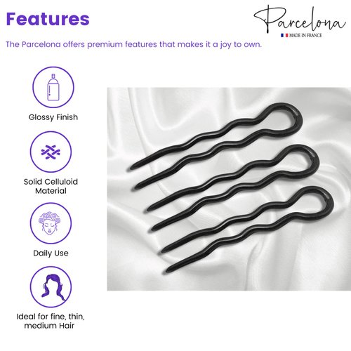 Parcelona French Slick Black Small Wavy 3 Inch U Shaped Hair Pins for Fine Hair Types (3 Pins) (Black)