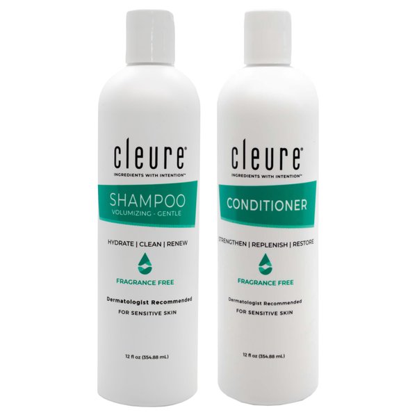 Cleure Shampoo and Conditioner Set Sulfate Free, Fragrance Free for Sensitive Skin - Volumizing Shampoo & Hydrating Conditioner (12 Oz each, Pack of 2)