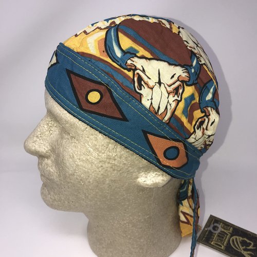 Turquoise Yellow Brown Cowboy Cowgirl Native American Indian Design Longhorn Southwest Head Wrap Durag Doo Rag Biker Skull Cap Hat Helmet Liner Moisture Wicking Sweatband