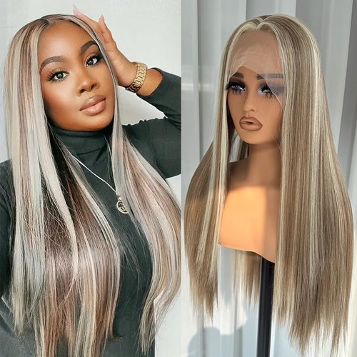 GJRainDY Highlights Blonde Synthetic Lace Front Wigs for Women Straight Brown Mixed Blonde Color Long Hair Wig 13x4 Free Part Lace Wig Thick Soft Heat Resistant Glueless Lace Front Wig Fiber Hair