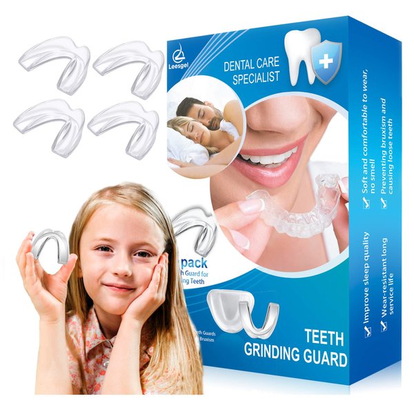 4 Pack Kids Mouth Guard for Grinding Teeth, Night Sleep Teeth Guards, Eliminates TMJ & Teeth Clenching, Stops Bruxism, Teeth Whitening Tray, Sport Athletic Mouth Guard (Kid Size only fit for Kids)