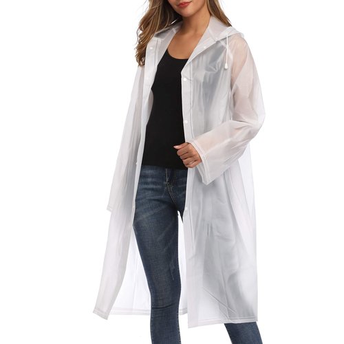 Besshopie Rain Poncho for Adults, Reusable Raincoat Emergency Rain Gear with Hoods and Sleeves White M