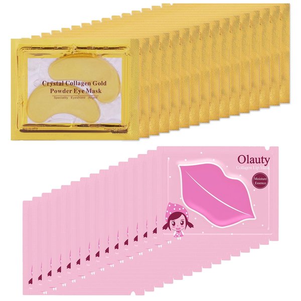 30 Pairs Lip Masks & 24K Gold Eye Masks, Crystal Collagen Eye Patches for Puffy Eyes, Gold Under Eye Mask for Puffy Eyes and Dark Circles, Treatments Under Eye Bags, Reducing Fine Lines and Wrinkles