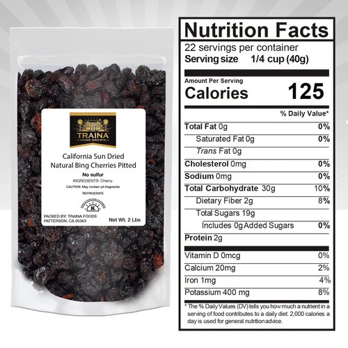 Traina Home Grown California Sun Dried Natural Pitted Cherries - Healthy, Natural, No Added Sugar, Non GMO, Gluten Free, Kosher Certified, Vegan, Dark Red, Packed in Resealable Pouch (2 lbs)