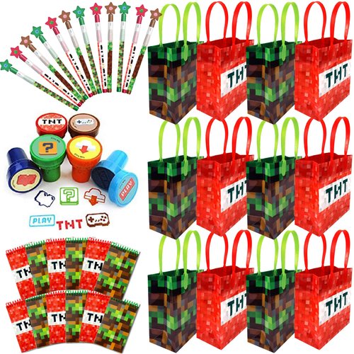 TINYMILLS Pixel Miner Party Favor Set of 60 Pcs (12 Party Favor Treat Goody Bags with Handles, 24 Self-Ink Stamps for Kids, 12 multi-point pencils, 12 small spiral notepads)