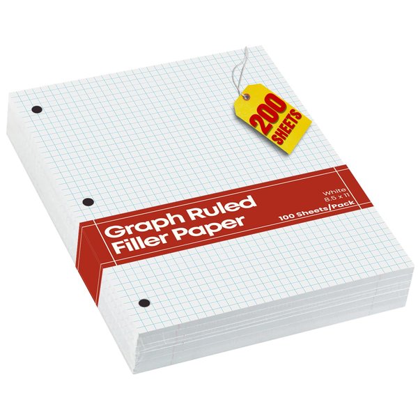 1InTheOffice Graph Paper Loose Leaf, Graph Ruled Filler Paper, 8.5 x 11, 100 Sheets, White, 2 Pack