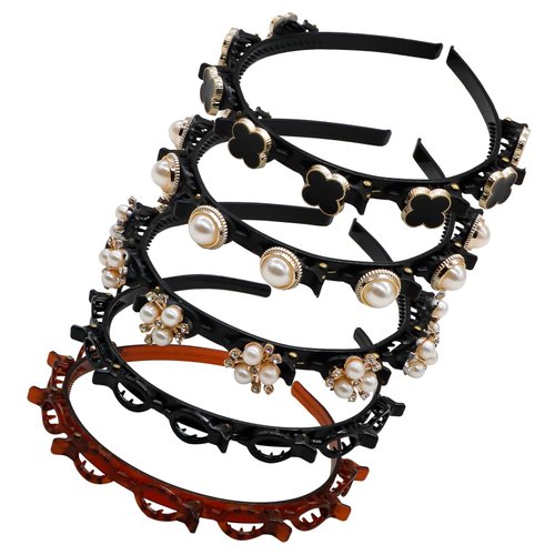 IBEQUEM 5Pcs Double Bangs Hairstyle Hairpin, Double Layer Twist Plait with Rhinestone, Korean Braided Headbands with Clips Woven Flower, Hair Accessories for Women Girls (Black, Brown)