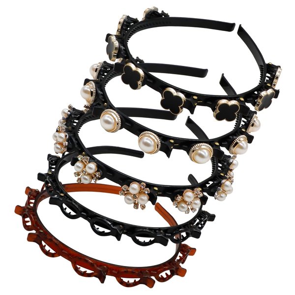 IBEQUEM 5Pcs Double Bangs Hairstyle Hairpin, Double Layer Twist Plait with Rhinestone, Korean Braided Headbands with Clips Woven Flower, Hair Accessories for Women Girls (Black, Brown)