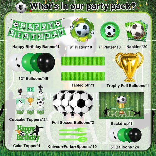 KUGUY 177 Pcs Soccer Birthday Party Decorations, Soccer Birthday Party Supplies, Soccer Party Decoration for Boy Girl Adult, Sport Football Soccer Theme Decor Include Balloon Tableware, Serve 10 Guest
