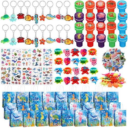 Threan 200 Pcs Under the Sea Party Favors for Kids Sea Animals Ocean Birthday Party Supplies Under the Sea Party Decorations with Gift Bag for School Rewards Prize Piñata Filler Goodie Bag Stuffers